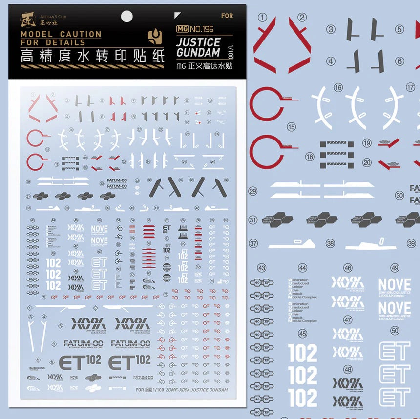 Artisan's Club No. 195 MG 1/100 Justice Gundam Z.A.F.T. Mobile Suit ZGMF-X09A Decal