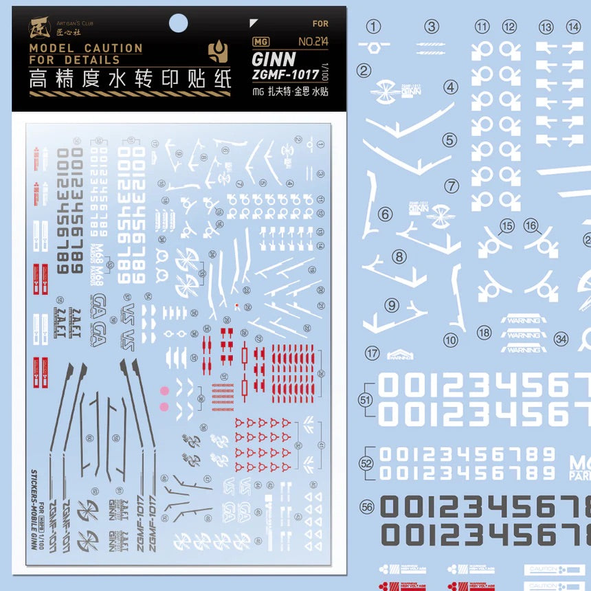 Artisan's Club No. 214 MG 1/100 ZGMF-1017 Mobile Ginn Z.A.F.T. Mobile Suit Decal
